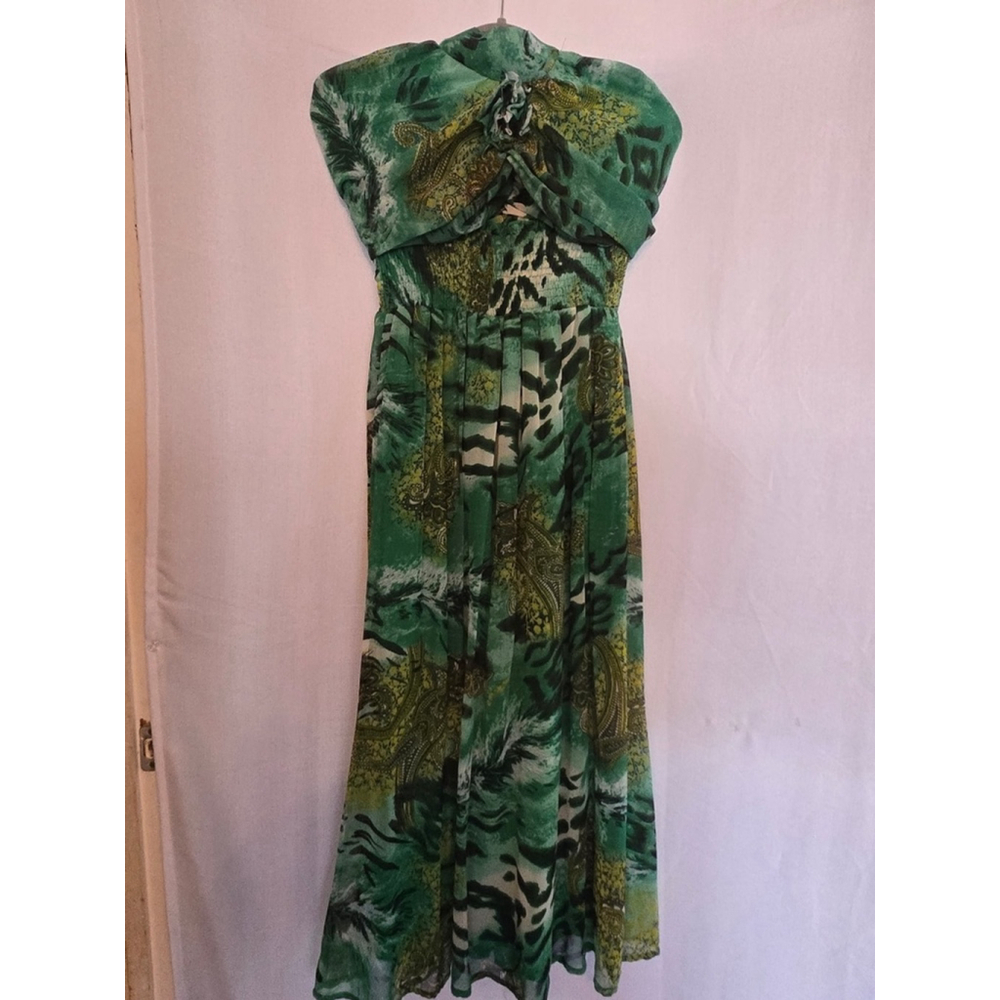 Women's Magic Maxi Dress Size S Green Animal Print Halter